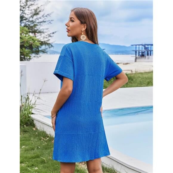 Women's Cover Up Short Sleeve Bathing Suit Cover Ups V Neck Beach - Picture 5 of 6